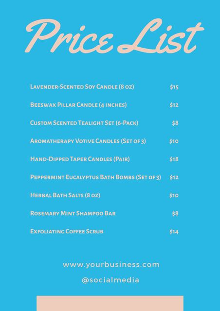 Serene price list featuring a soothing blend of scented candles, bath products, and personal care items. Ideal for spas, wellness shops, and online boutiques, this template showcases offerings in an organized manner, highlighting a variety of aromatic and therapeutic products. Perfect for displaying both online and in-store, helping customers easily browse and select items.