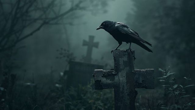 Black Crow on Weathered Cross in Mysterious Foggy Cemetery