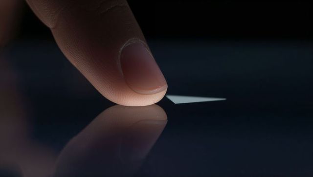 Pressing fingertip on glossy touchscreen producing triangle icon reflection macro