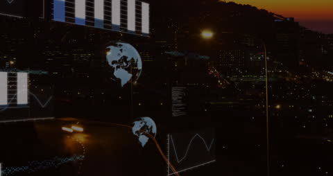 Digital Data Animation Over Cityscape at Night