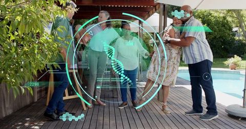 Multigenerational family embracing by pool with augmented reality dna helix overlaying