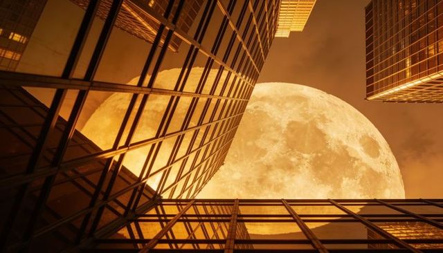 Amber full moon framing between glass skyscrapers reflecting grid windows golden urban nightscape
