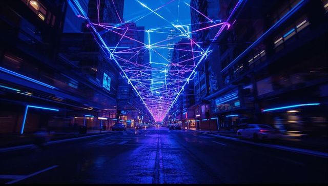 Urban night street with futuristic neon light grid