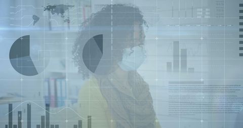 Woman wearing mask with overlapped digital statistics