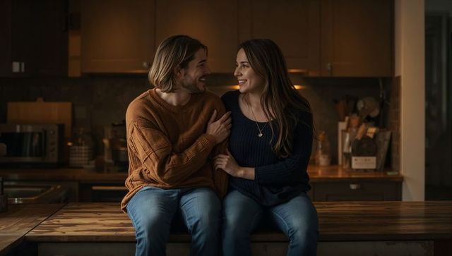 Smiling couple sitting on kitchen island sharing cozy evening in knit sweaters