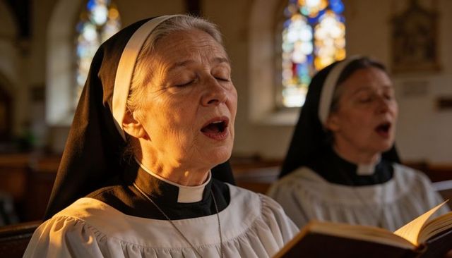 Elderly nun singing in church choir holding hymnal with warm stained-glass light