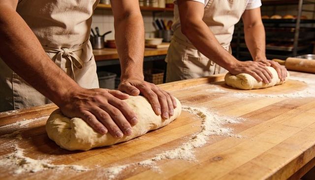 Artisanal bakers kneading dough on floured wooden bench hands shaping loaves together