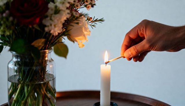 Lighting Taper Candle Beside Rose Bouquet on Wooden Table, Romantic Warm Glow