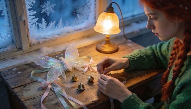 Red-haired teen crafting fairy bell ornaments by frosted window with warm lamp glow
