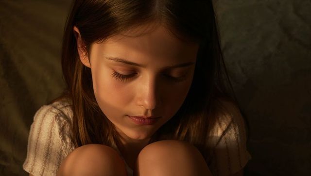 Contemplative girl holding knees, lowering gaze in warm sidelight bedroom closeup portrait