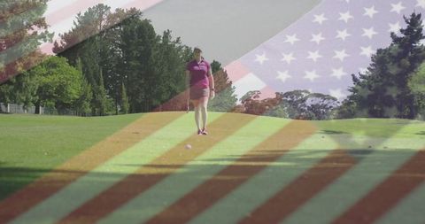 Female Golfer on Sunny Fairway with Bold American Flag Overlay