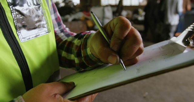 This image depicts a worker in a warehouse wearing a safety vest, writing notes on a clipboard with a pen. The environment looks to be busy and filled with various machinery and equipment. This image is perfect for illustrating topics related to logistics, industrial work, workplace safety, documentation, and quality inspection.