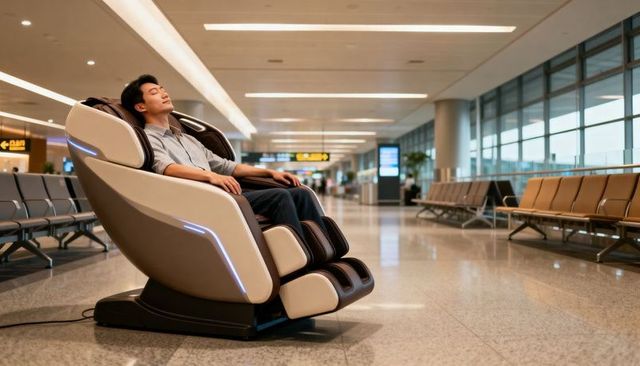 Male traveler relaxing in high-tech massage chair at modern airport terminal lounge