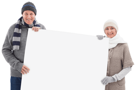 Senior Couple Holding Blank Sign Winter Attire Transparent Background