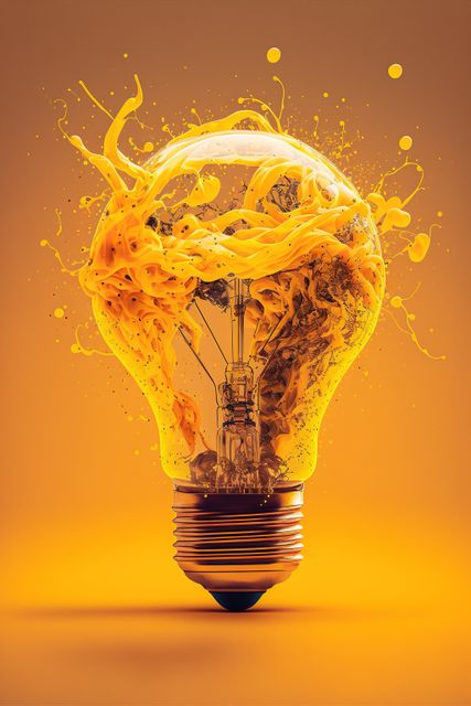 Image of lightbulb with stains on yellow background, created using generative ai technology. Lightbulb, creative and pattern concept, digitally generated image.