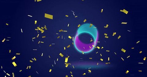 Neon circles with falling confetti on dark blue background
