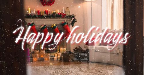 Cozy Christmas Living Room with Happy Holidays Greeting