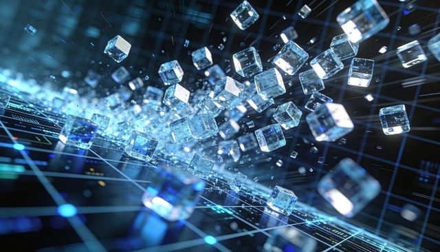 Glowing glass cubes streaming across neon grid representing data flow, blockchain, ai
