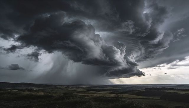 Supercell thunderstorm rolling over farmland with dramatic rain shafts and dark clouds