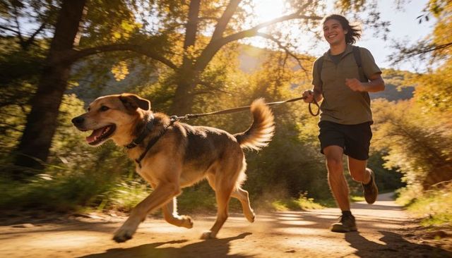 Young man jogging dog on sunlit forest trail during golden hour, outdoor fitness lifestyle