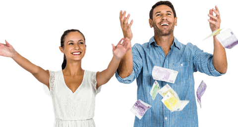 Happy couple throwing money against transparent background