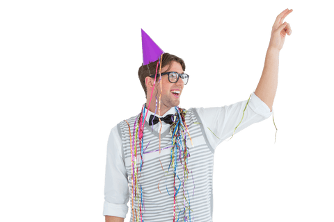 Happy Stylish Man in Transparent Background Pointing Upward