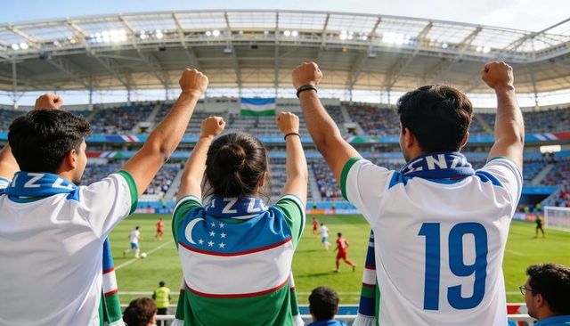 Uzbekistan fans cheering and raising fists with scarves in stadium