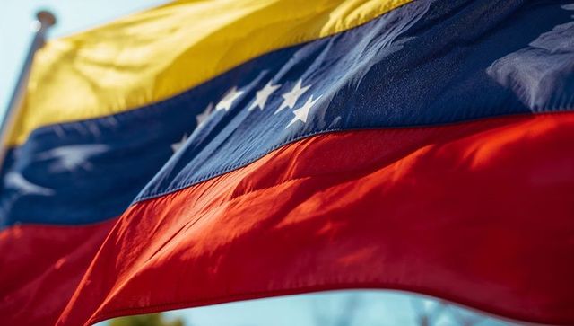 Venezuelan flag waving outdoors in sunlight showing yellow, blue and red tricolor closeup