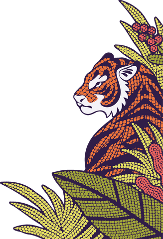 Transparent background jungle tiger in vibrant dot patterns