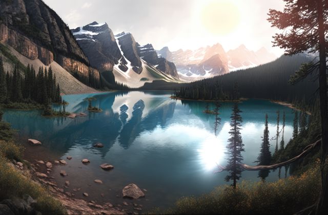 Majestic mountain range reflecting on a tranquil, crystal-clear lake at sunrise. Pine trees surround the water and create a serene wilderness landscape, perfect for travel, adventure, hiking brochures, and outdoor photography prints or wallpapers.