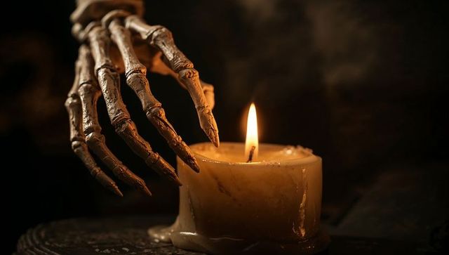 Skeletal hand and lit candle in mysterious dark ambiance