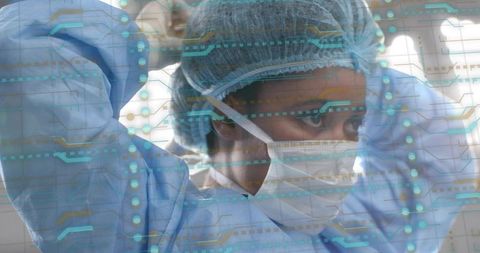 Surgical Nurse Adjusting Mask and Bouffant Cap with Augmented Reality Circuit Overlay
