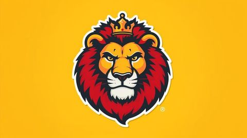 Majestic british empire lion head mascot with crown on yellow