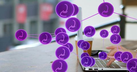 Typing hands using laptop at cafe with coffee and smartphone, purple network nodes overlay