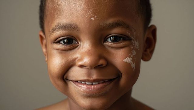 Smiling african american child with light skin patch close-up headshot radiating warmth