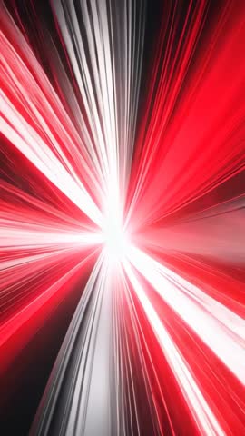 Accelerating red and white beams forming vertical light tunnel with pulsing glow