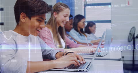 Diverse Students Engaged in Technology with Data Overlay