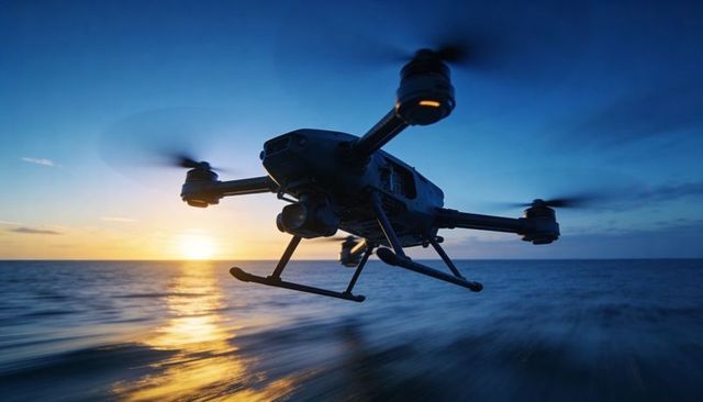 Cinematic drone flying over ocean at sunset with gimbal camera and spinning rotors