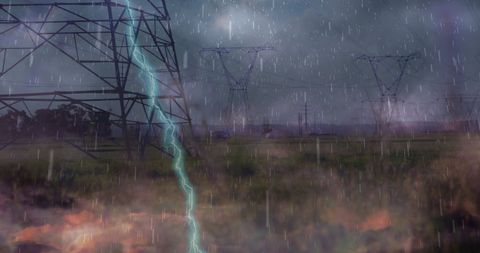 Power lines enduring storm with striking lightning