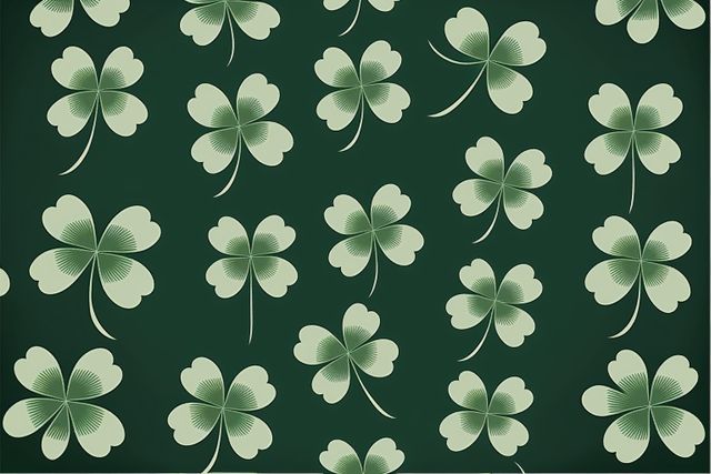 Repeated shamrock clover leaves on green background, created using generative ai technology. St patricks day, irish tradition and celebration concept digitally generated image.