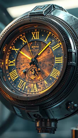 Vertical footage panning rotating steampunk clock on lab stand with glowing Roman numeral dial