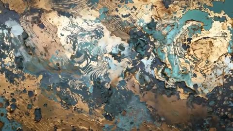 Shifting Light Revealing Textured Metallic Panel with Gold Teal Patina, Macro Motion