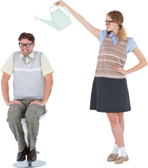 Geeky Hipster Holding Transparent Watering Can Above her Laughing Boyfriend - Download Free Stock Videos Pikwizard.com