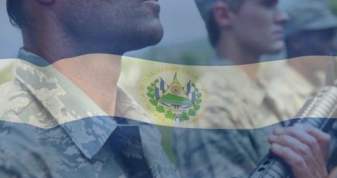 El salvador flag overlay on soldiers standing in disciplined formation