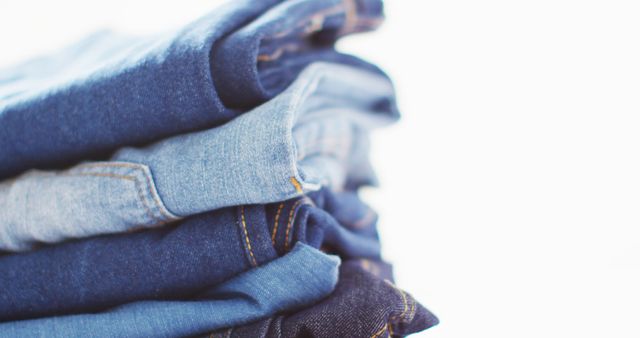 Folded blue denim jeans in different shades stacked together. Useful for content related to fashion, clothing retail, casual style, textiles, and wardrobe organization tips. Can be used in advertisements, social media posts, blogs, and articles focusing on denim trends and apparel.