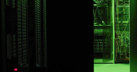 Glowing data center servers with network cables and equipments