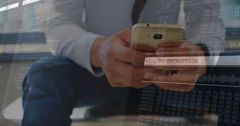 Professional Uses Smartphone While Studying Digital Encryption Overlay