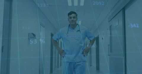 Hispanic Doctor Analyzing Medical Data in Hospital Corridor