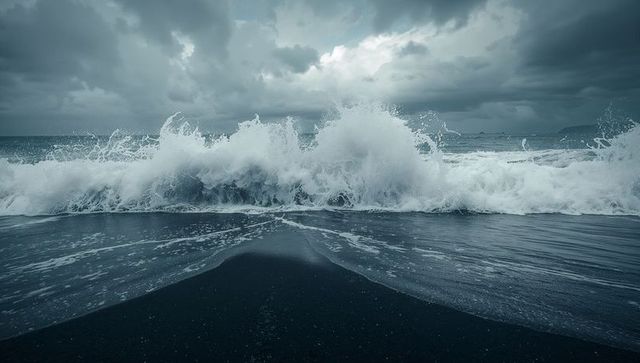 Crashing waves breaking on black sand beach under stormy sky, volcanic coastline drama