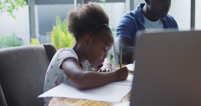 Focused African American Girl Doing Homework at Home - Download Free Stock Images Pikwizard.com